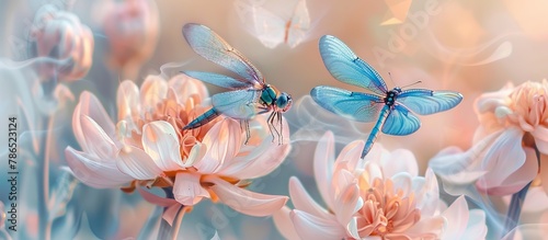 golden and blue dragonflies, butterflies and flowers with a pinkish tint 