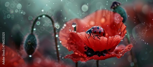 ladybug on a red poppy flower in drops of dew  © Tor Gilje