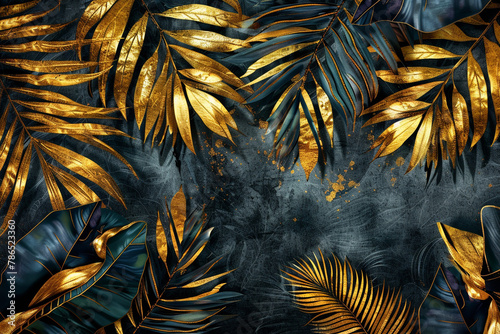 Luxury gold wallpaper. Black and golden background. Tropical leaves wall art design with dark blue and green color, shiny golden light texture. Modern art mural wallpaper