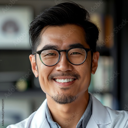 Engaging Asian male doctor with a warm smile, wearing a stethoscope in a clinic.