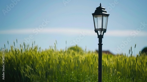 Street lamp in the field viewed up close