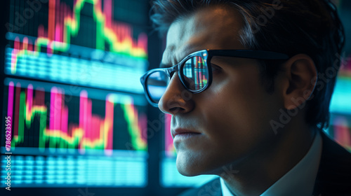 A close-up of an analytical investor intensely scrutinizing fluctuating stock market data on a digital screen, reflecting in his glasses.