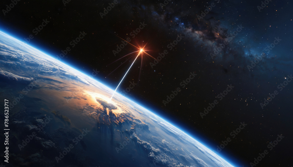 Rocket launch from the Earth planet through the clouds with a bright glow of the engine on the orbit and a bright blue nebula galaxy. 
