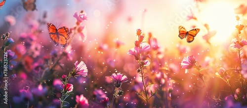 pink mallow flowers against sunrise background and colorful butterflies - © Tor Gilje