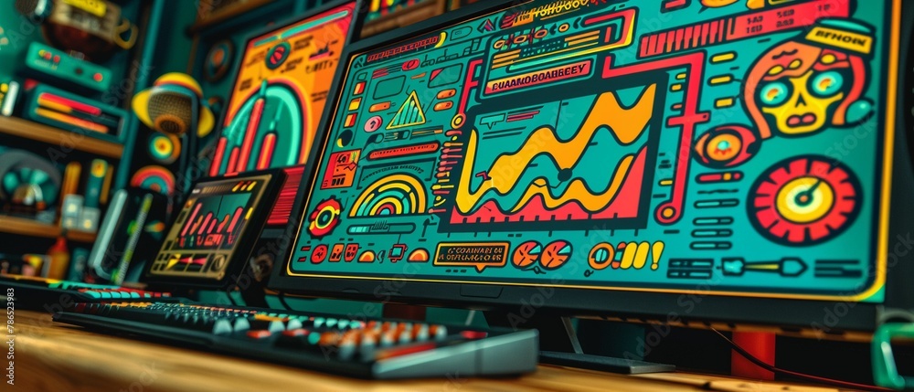 Fototapeta premium Closeup of a highresolution office monitor displaying dynamic data analytics, emphasizing clarity and productivity tools