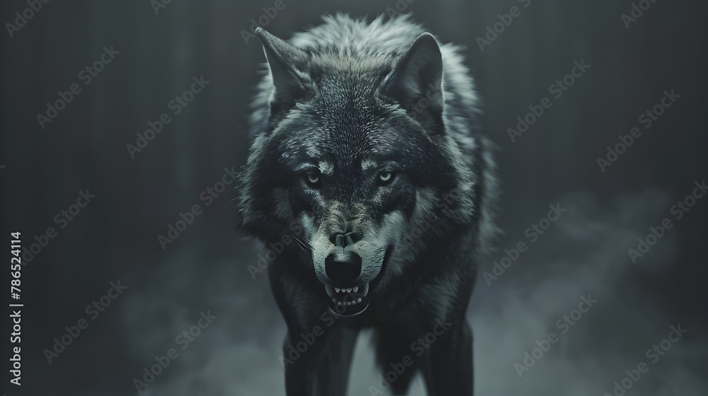 Fototapeta premium Fierce and Fearless Predator Intense Close Up of Growling Gray Wolf s Penetrating Gaze
