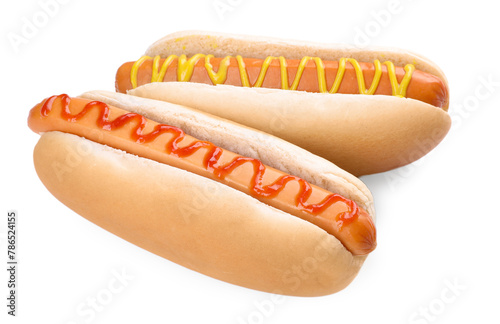 Tasty hot dogs with ketchup and mustard isolated on white