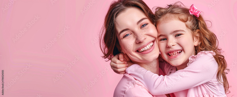 Mother and daughter hugging each other on pink background with copy space. Mother's day background.