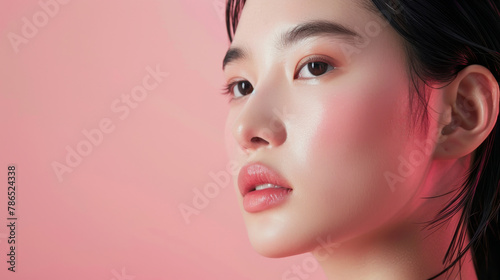 Shine  cosmetics or Asian woman with makeup  beauty and wellness on pink studio background. Person  model and girl with healthy skin or luxury with self care and aesthetic with beauty and dermatology
