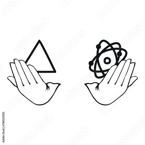 the coexistence of faith and science, represented by a hand holding a triangle symbolizing faith and another hand holding an atom symbolizing science