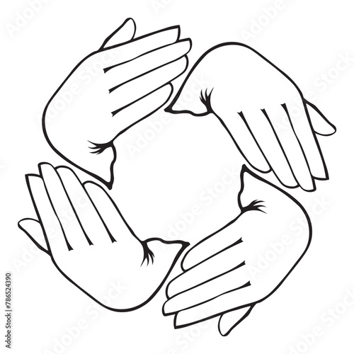four stylized hands reaching towards each other symbolizing unity and collaboration