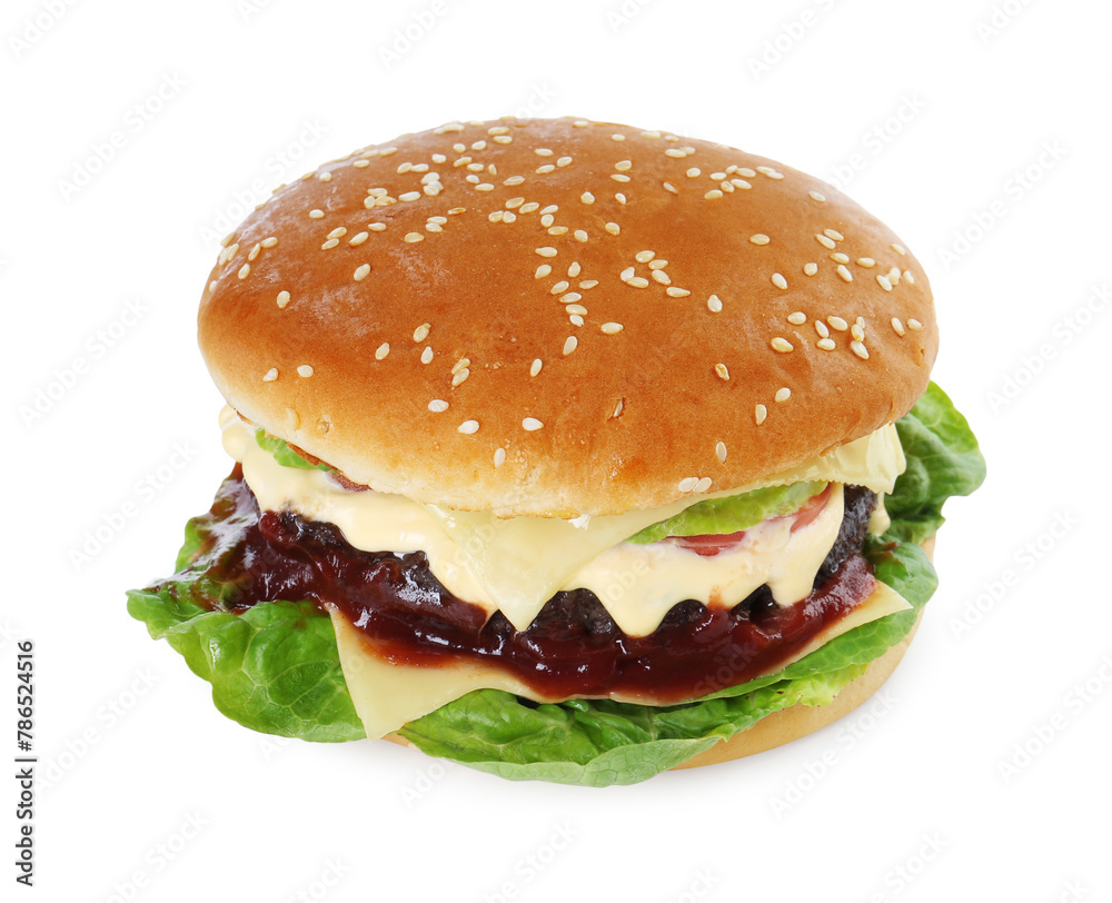 Tasty homemade cheeseburger with lettuce isolated on white Tasty homemade cheeseburger with lettuce isolated on white