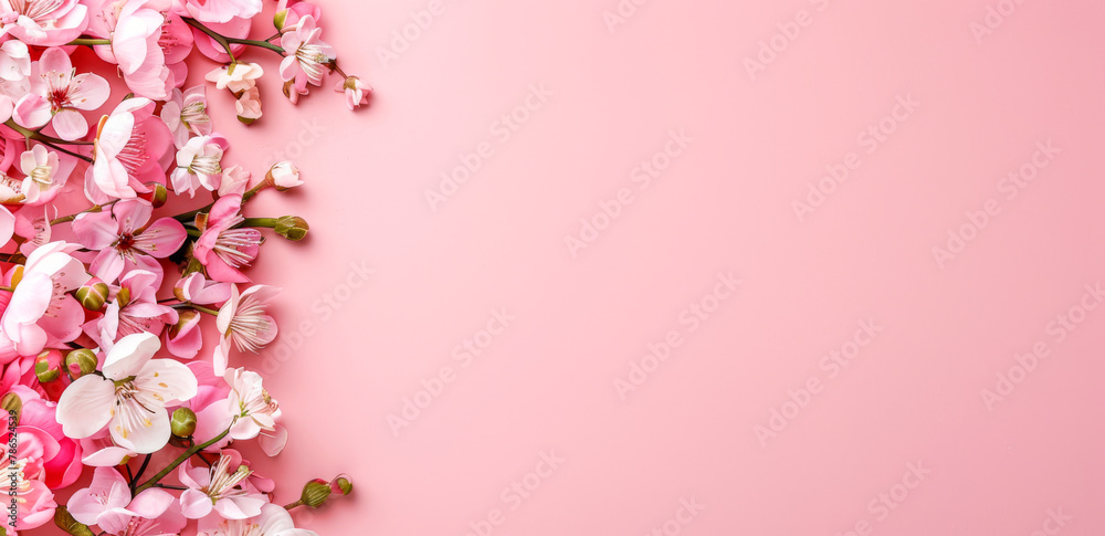 Pink flowers on pink background. Flat lay, top view, copy space. Mother's day background.