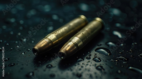 Two bullets placed on a dark plastic surface
