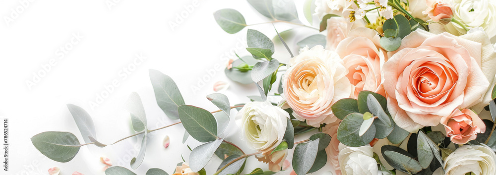 Fototapeta Bouquet of pink roses and eucalyptus branches on white background. Flat lay, top view. Mother's day background.
