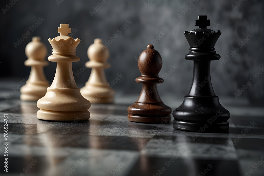 Black chess queen on a grey checkered board.generative.ai Black chess queen on a grey checkered board.generative.ai