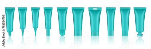 Set of mint green cosmetic tubes. Closed blank tubes with caps. Realistic mockup. Long nozzle tube. for ointment or salve. Gel serum. Korean packaging. Lip gloss. Toothpaste. Hand cream