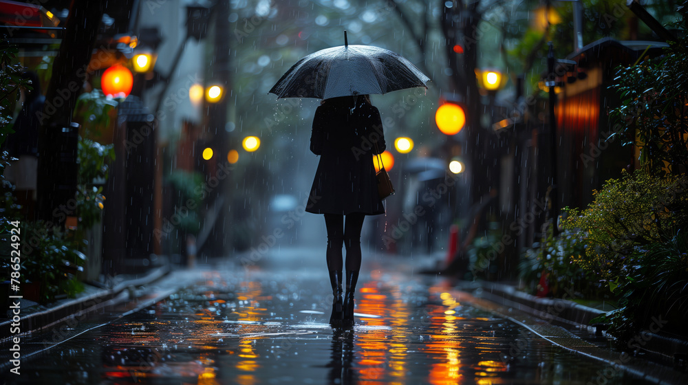 Obraz premium Solitary Walk on a Rainy Evening in the City.