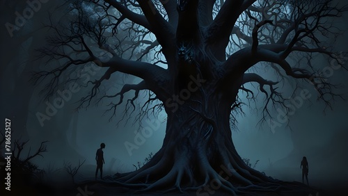 Biblical tree of knowledge of good and evil. Dark tree in dark scenery