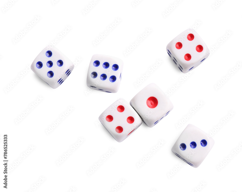 Many dices isolated on white, top view. Game cubes Many dices isolated on white, top view. Game cubes