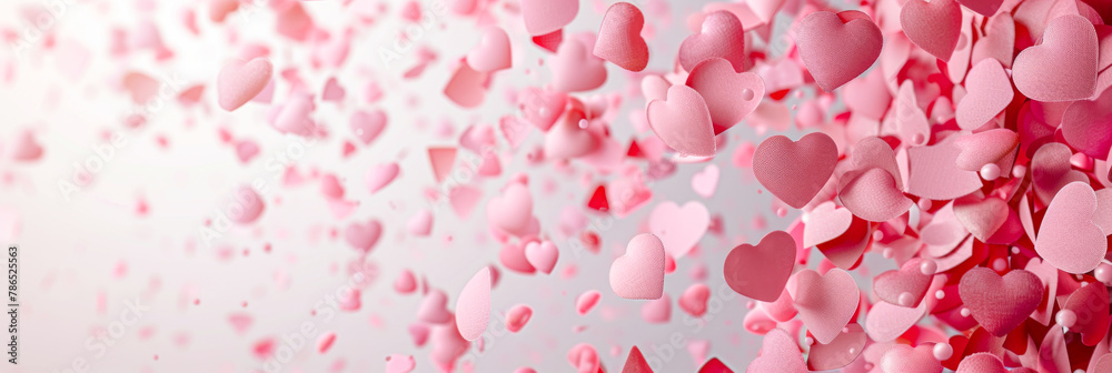Red and pink heart love confettis. Valentine's day or mother's day gradient background. Falling transparent hearts confetti on white background. Red and pink heart love confettis. Valentine's day or mother's day gradient background. Falling transparent hearts confetti on white background.