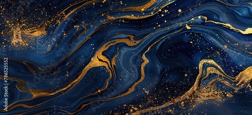 Elegant waves of deep blue and gold: a mesmerizing dance of colors that captures the ethereal beauty of ocean waves under a starry night sky