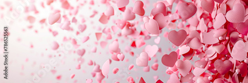 Red and pink heart love confettis. Valentine's day or mother's day gradient background. Falling transparent hearts confetti on white background.