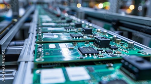 Production line of green printed circuit boards (PCBs) in an electronics manufacturing facility, depicting automation and precision.