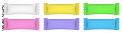 Set of white, pink green, purple, blue and yellow flow packs. Chocolate bar or ice cream wrapper. Silver foil bag. Realistic 3d mockup of a cookie snacks. Pouch