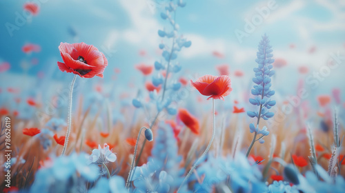 Vivid Red Poppies in Surreal Blue Field.