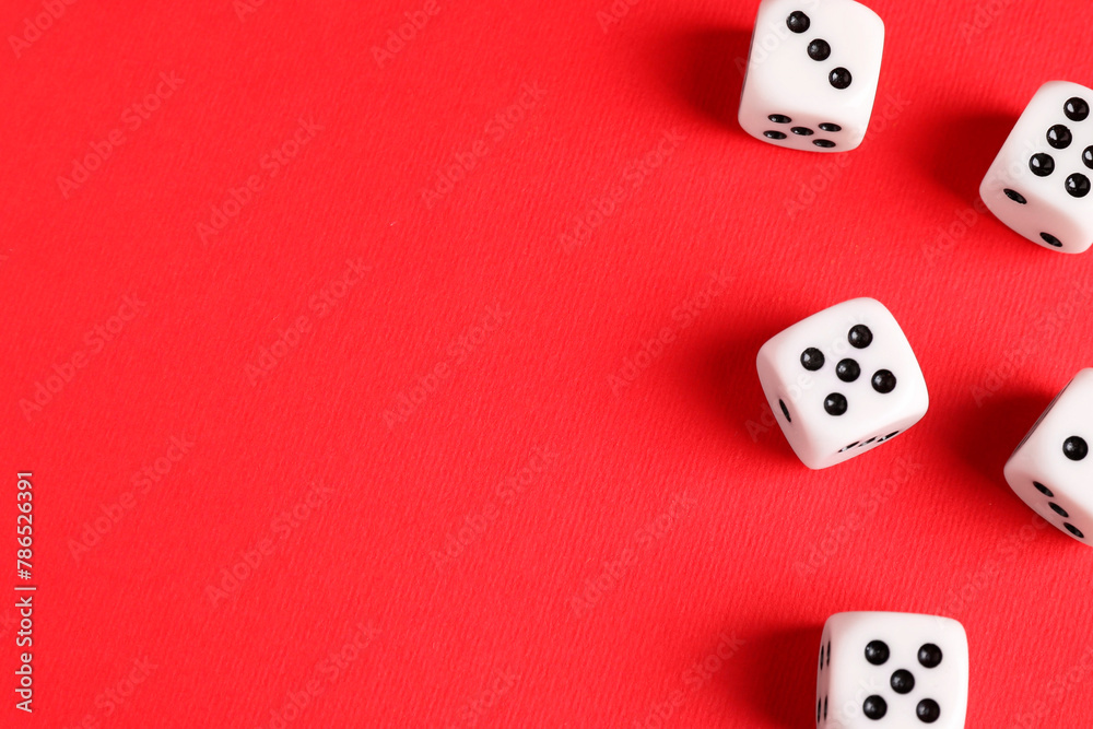 Many white game dices on red background, flat lay. Space for text Many white game dices on red background, flat lay. Space for text