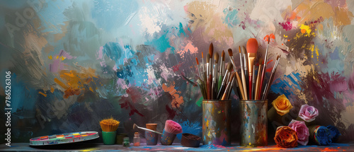 Art Studio Vibrancy: Brushes, Paints, and Creative Flourish.