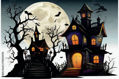 Haunted house halloween with bat, tree, grave, pumpin, elements for halloween greeting card, vector illustration