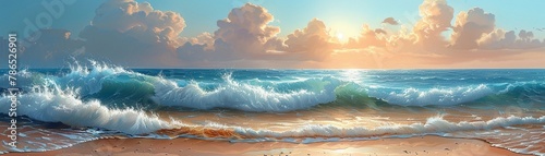 Scene of beach serenity, waves whispering to sandy shores photo