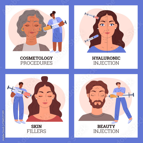 Cosmetology and beauty injection, set of cartoon style vector illustration