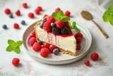 Delectable Cheesecake Topped with Fresh Berries and Mint on a Rustic Plate.
