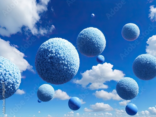 a blue sky with several blue balls strewn all over it. The balls are round and fluffy, and the sky is clear and brilliant. There is a sense of peace and tranquility about the environment.