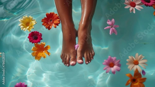 A woman's feet are in a pool of water with flowers floating around them. The flowers are of various colors, including pink, yellow, and orange. Concept of relaxation and tranquility
