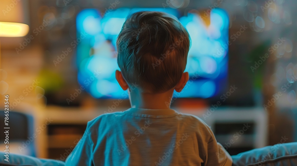 Fototapeta premium child sitting too close to a large television screen, engrossed in content, illustrating the sedentary lifestyle and potential addiction to technology and media among todays youth.