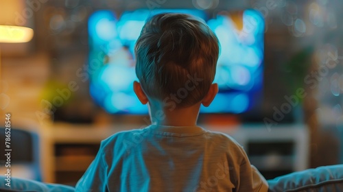 child sitting too close to a large television screen, engrossed in content, illustrating the sedentary lifestyle and potential addiction to technology and media among todays youth.