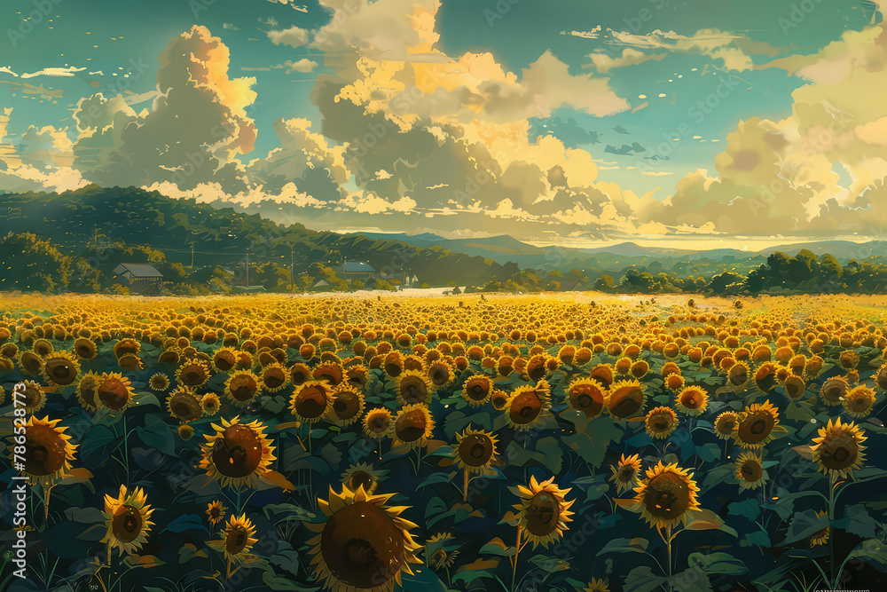 Obraz premium Illustration of sunflower field with a view in the morning. Colorful and minimal anime aesthetics style. AI Generative.