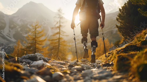 Brave hiker with prosthetic legs, backpack and trekking poles overcomes mountain trail, embodying resilience and strength. Active lifestyle with disability, movement perseverance, adventure, travel