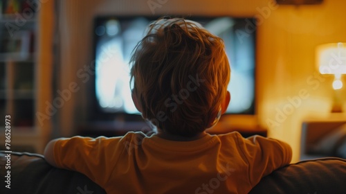 child sitting too close to a large television screen, engrossed in content, illustrating the sedentary lifestyle and potential addiction to technology and media among todays youth.