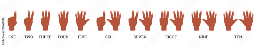 Set of counting hands fingers gesture signs from one to ten with titles, vector palms and fingers show numbers education Set of counting hands fingers gesture signs from one to ten with titles, vector palms and fingers show numbers education