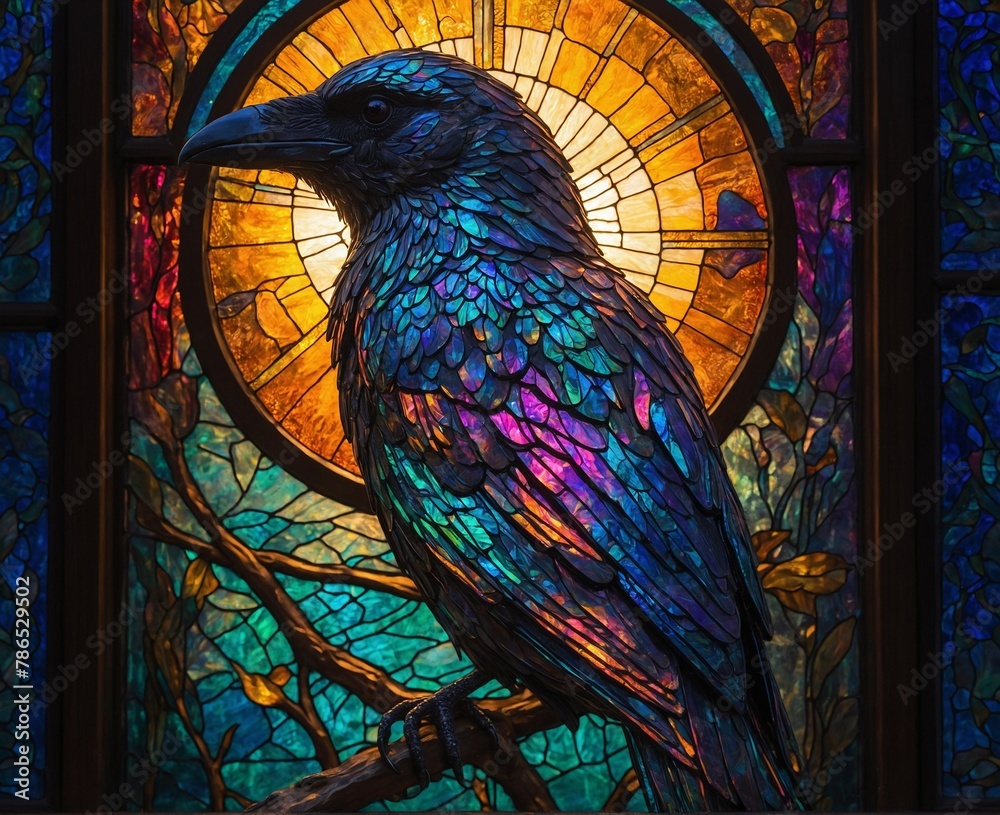 stained glass window with birds. crow