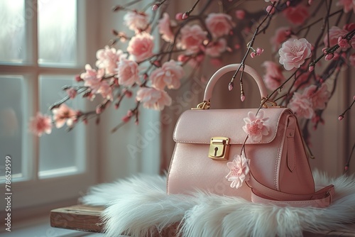 A light pink handbag with an open shoulder strap, golden lock and small flower decoration on the right side photo