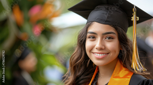 Cheerful young woman student having graduation, life style, free space for text. Summer day, bokeh background.