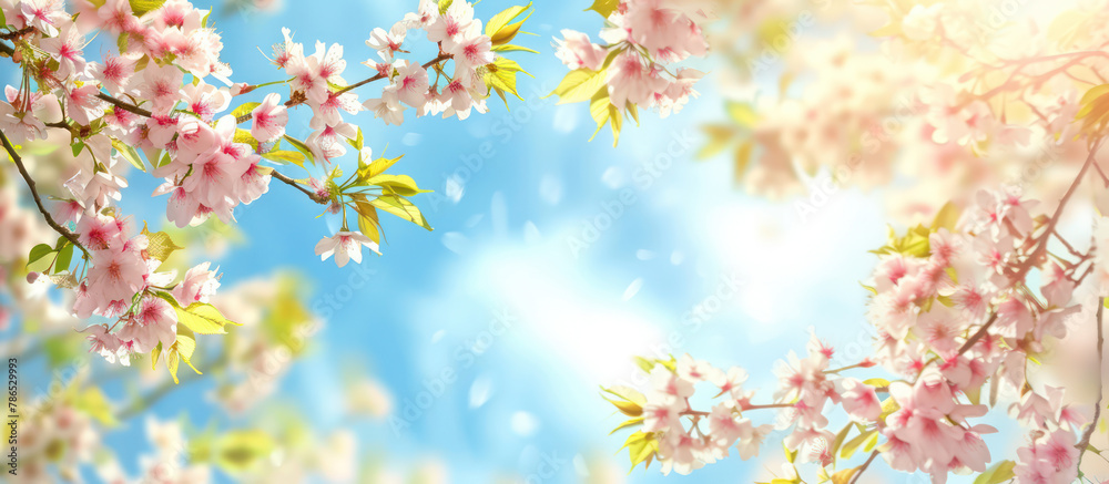 spring sakura cherry blossom looking up to blue sky background with flowers pedals flying spring sakura cherry blossom looking up to blue sky background with flowers pedals flying