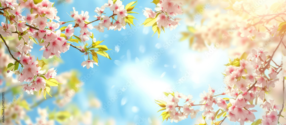 spring sakura  cherry blossom on blue sky  background with flowers pedals flying 