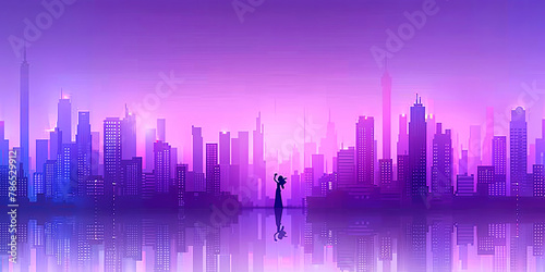 A woman is standing in the middle of a city with a purple sky in the background